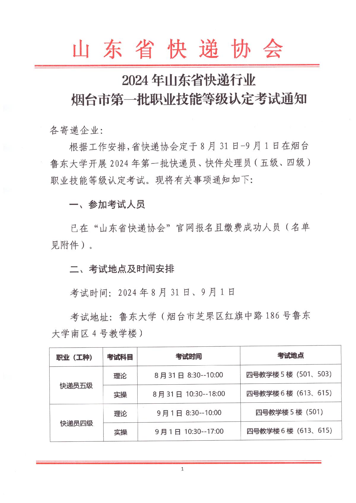 2024年山東省快遞行業煙臺市第一批職業技能等級認定考試通知_1.JPG